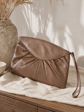 Toni Genuine Leather Taupe Wristlet ClutchSoft  Foldover Minimalist Purse